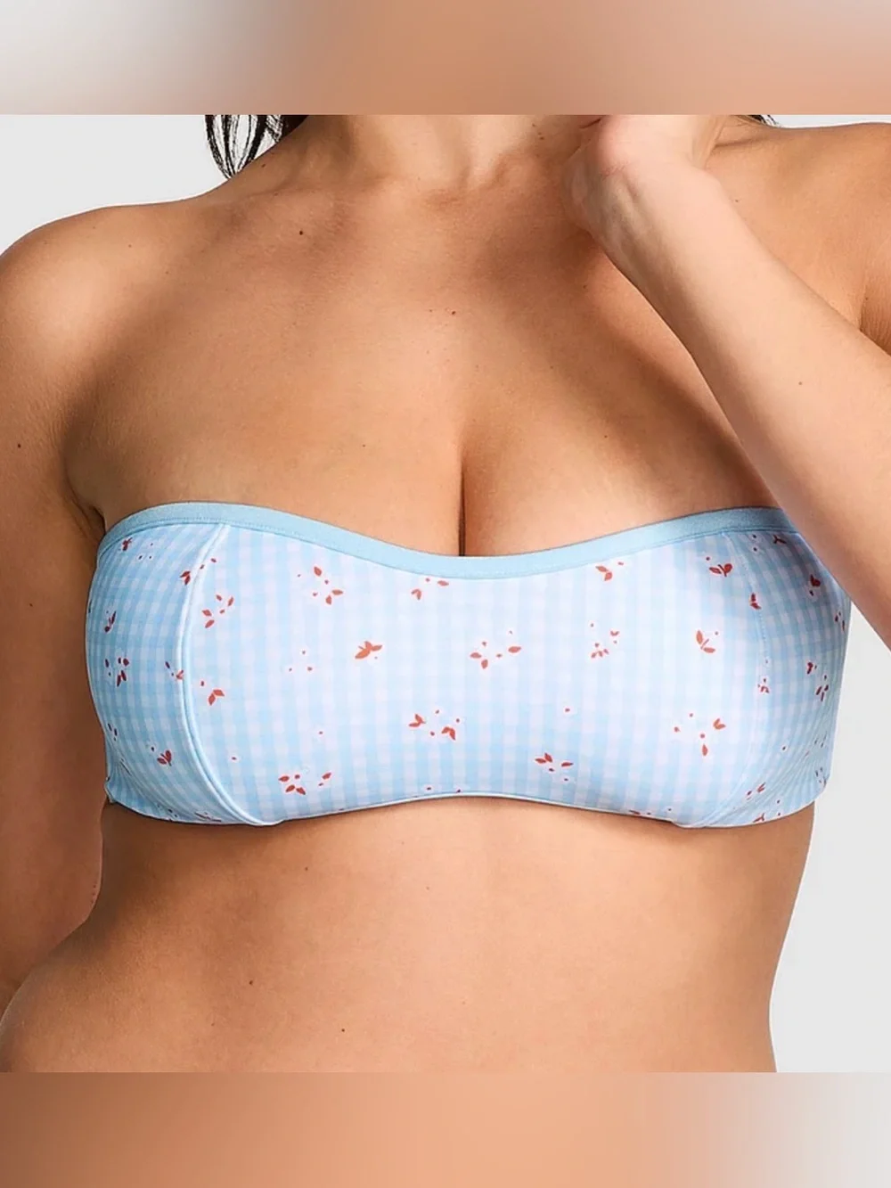 🤎 NWT Pink by Frankies Bikinis Monty Bikini Top Blue Gingham Floral Print Large